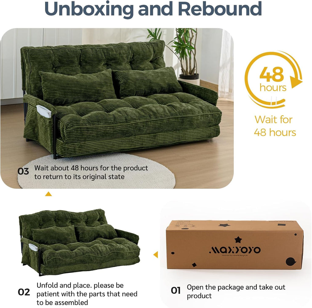 MAXYOYO Adjustable Floor Sofa Couch with 2 Pillows, Multi-Functional Bean Bag Bed, 5-Position Foldable Lazy Sofa Sleeper Bed with Armrest, Versatile Floor Seating for Reading, Dark Green, Double
