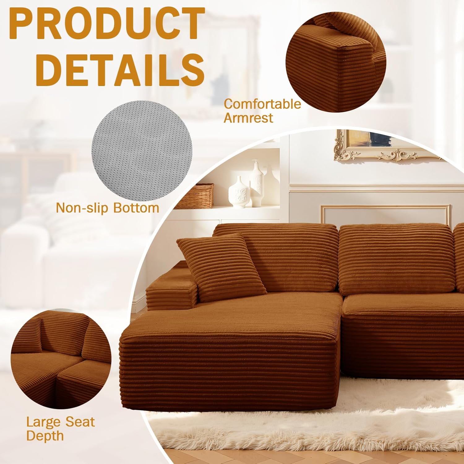 109.4” Modular Sectional Sofa, Convertible Sofa Bed, No Assembly Required Cloud Couch with Deep Seat, Modern L-Shaped Boneless Sofa for Living Room (Orange)