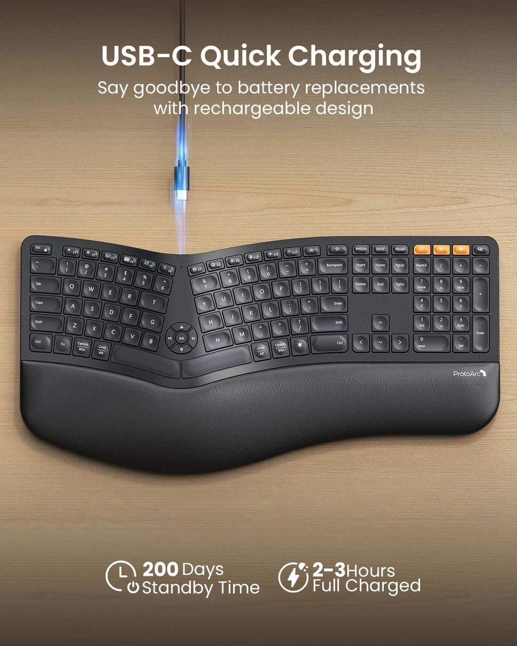 ProtoArc Backlit Bluetooth Ergonomic Keyboard, EK01 Plus Full Size Wireless Split Keyboard with Dual Bluetooth and USB, Cushioned Wrist Rest, Rechargeable, Compatible with Windows/Mac/Android, Black