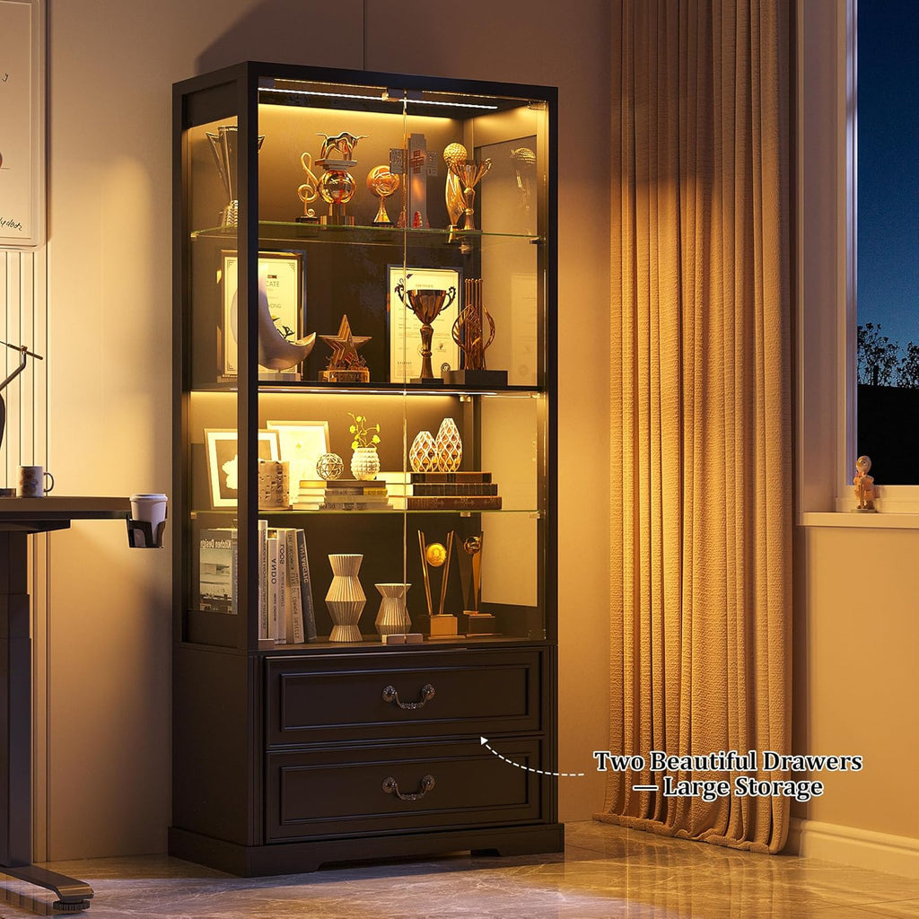 FREDEES Display Cabinet with Glass Doors,67" Adjustable Display Shelf with 2 Drawers and 4 Tier Curio Cabinet,Tall Bookcase with 3 Color Lights and Human Body Sensor for Toys,Books（Black）