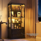 FREDEES Display Cabinet with Glass Doors,67" Adjustable Display Shelf with 2 Drawers and 4 Tier Curio Cabinet,Tall Bookcase with 3 Color Lights and Human Body Sensor for Toys,Books（Black）