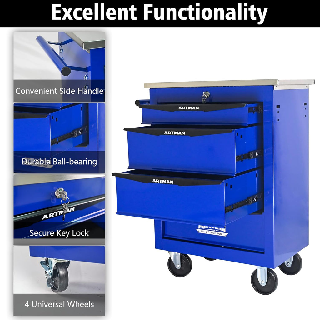 4-Drawer Rolling ToolChest, Blue & BlackModular Tool Box withWheels, Heavy-DutyRolling Tool Cabinet forGarage & WorkshopStorage