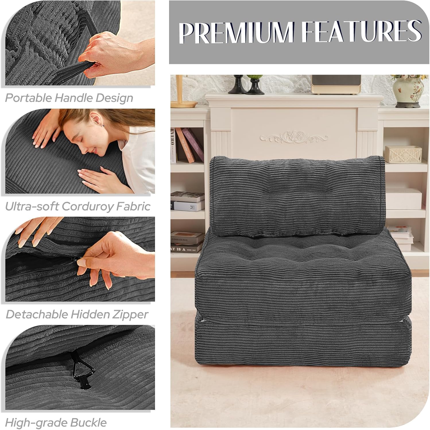 HABUTWAY Folding Sofa Bed, Convertible Sleeper Chair Bed w/Dual-Pillow & Handle, Foldable Floor Sofa Lounge w/Back Support for Living Room, Bedroom, Apartment, Office, Single, Grey