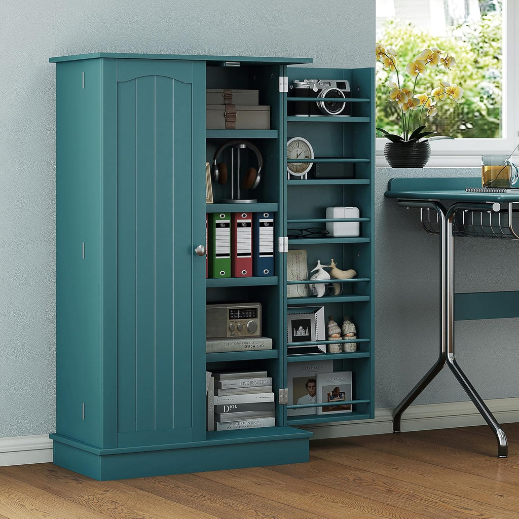 HOMCOM 41" Kitchen Pantry Storage Cabinet, Freestanding Kitchen Cabinet with 12 Door Shelves, Double Doors, 5-Tier Shelving and Adjustable Shelves, Blue