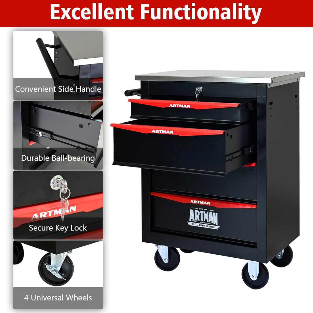 4-Drawer Rolling Tool Chest, Black & Red Modular Tool Box with Wheels, Heavy-Duty Rolling Tool Cabinet for Garage & Workshop Storage