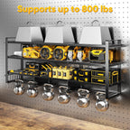 POKIPO 49.5" W Large Power Tool Organizer Wall Mount with Charging Station, 4 Tier Heavy Duty 12 Cordless Drills Holder Load 800 lb, Tool Battery Storage Rack Built in 8 Outlet Power Strip for Garage