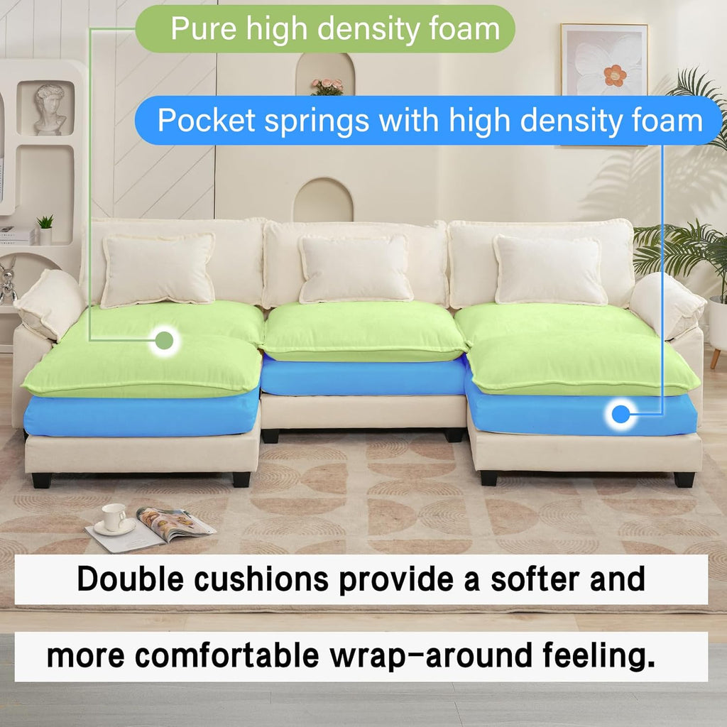 120" Modular Sectional Sofa, Comfy Cloud Couch Sectional Sofa with Ottoman, Chenille Sofa Sleeper Deep Seat Sofa with Throw Pillows for Living Room (Beige White, 120"- U Shape)