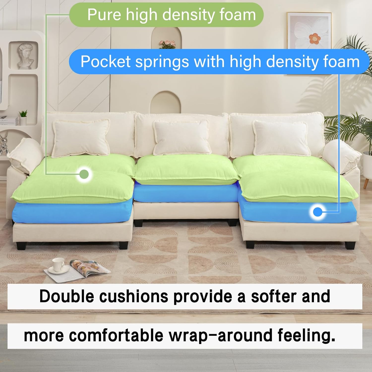 120" Modular Sectional Sofa, Comfy Cloud Couch Sectional Sofa with Ottoman, Chenille Sofa Sleeper Deep Seat Sofa with Throw Pillows for Living Room (Beige White, 120"- U Shape)