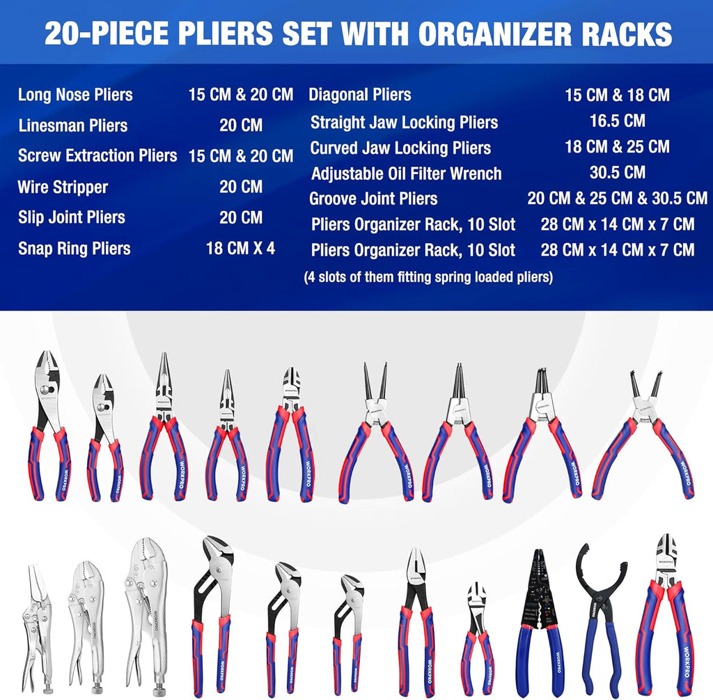 WORKPRO Pliers Set, 20 Pieces Pliers Tool Set with 2 Packs Organizer Rack, Slip Joint Pliers, Channel Locks Plier and Vise Grip Plier Assortment for Home, Garage, Mechanics & DIY Projects