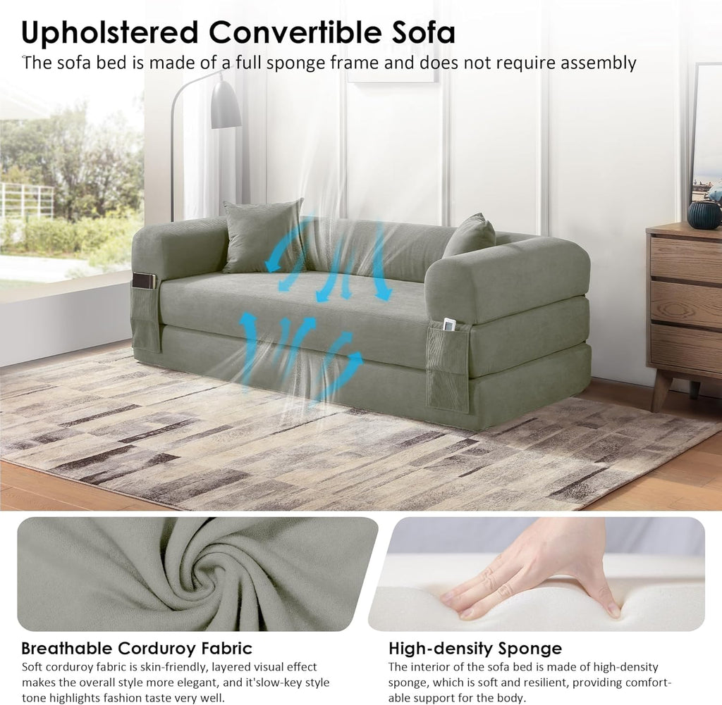 80" Convertible Sofa Bed, Corduroy Deep Seat Folding Pull Out Couch with Pillows, No Assembly Modern Boneless Couch Compression Sofa in Box, Floor Sofa with Storage Pocket for Living Room,Light grey
