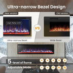 PHI VILLA 72" Electric Fireplace Wall Mounted, Recessed Wall Fireplace Electric with Crystal, Fake Charcoal & Firewood Bed for Indoor, Remote Control, 750W/1500W, Timer, Ultra-Narrow Bezel