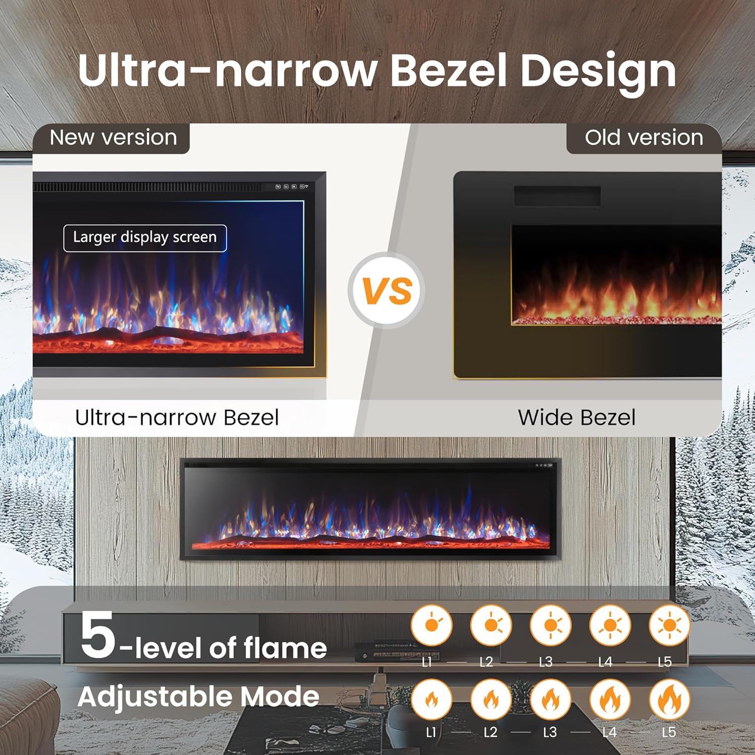 PHI VILLA 72" Electric Fireplace Wall Mounted, Recessed Wall Fireplace Electric with Crystal, Fake Charcoal & Firewood Bed for Indoor, Remote Control, 750W/1500W, Timer, Ultra-Narrow Bezel