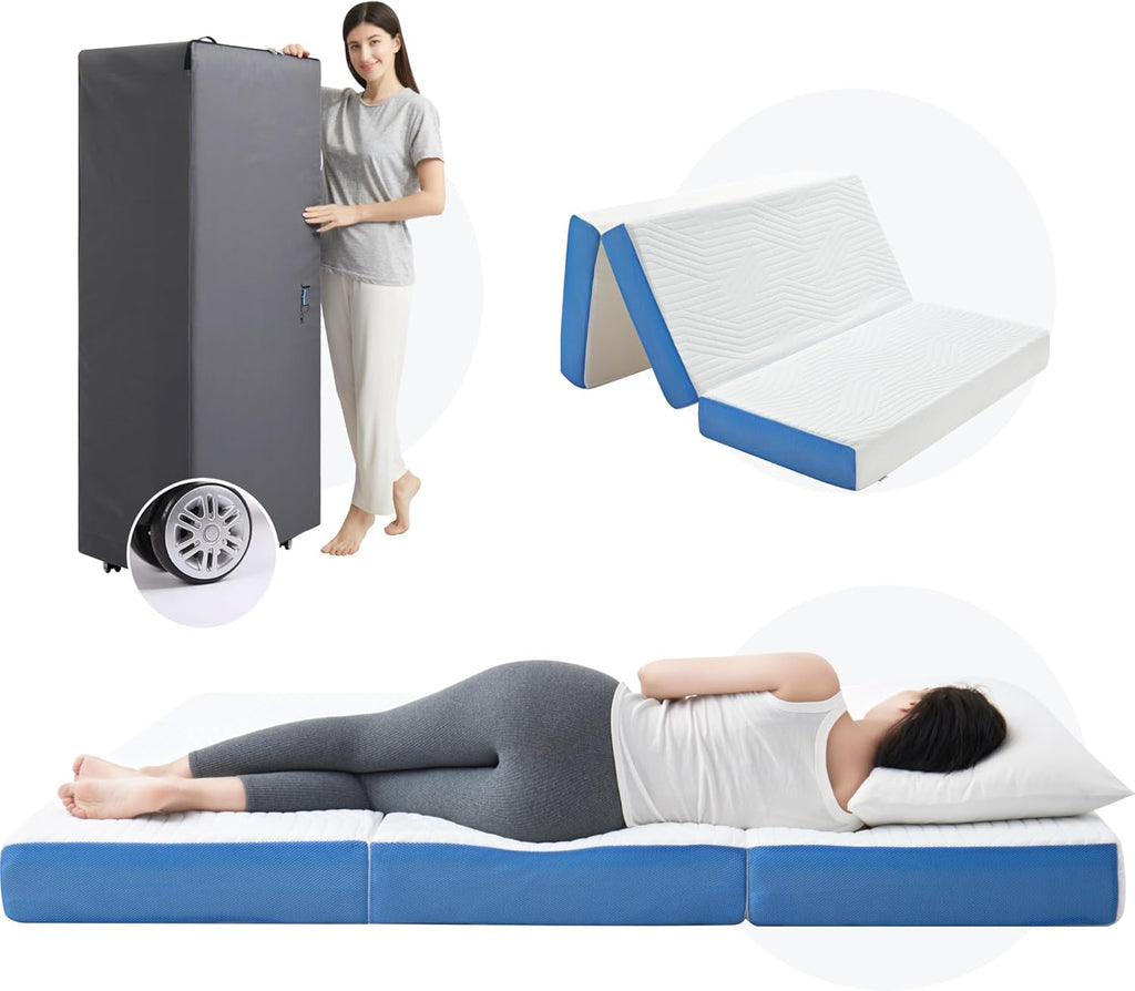 6 Inch Queen Trifold Mattress,Storage Bag Equipped with Wheels,Gel Memory Foam Mattress,Washable Cover,Foldable Floor Mat for Guest,RV,Portable(80“x 60“x 6“)