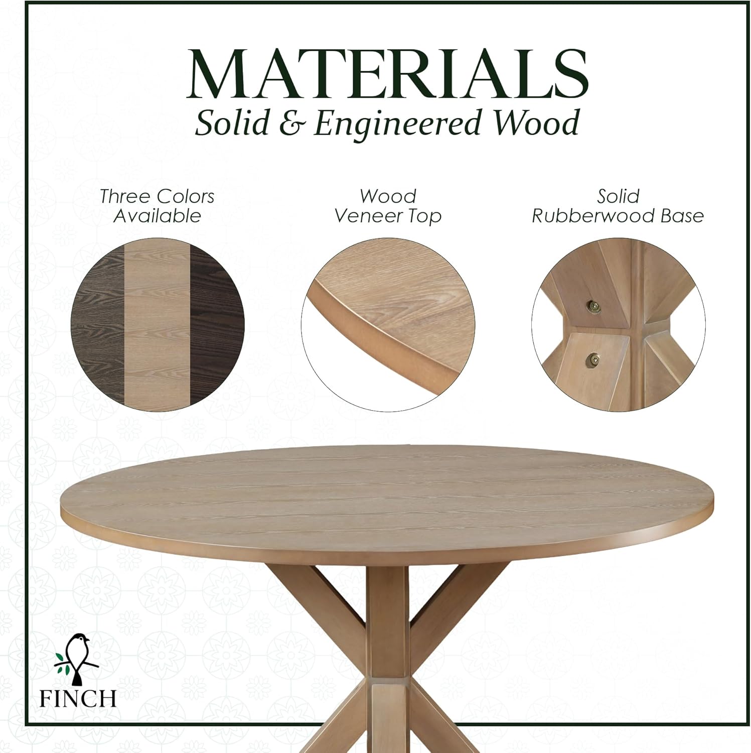 Alfred Solid Wood Round Dining Table for 4, Farmhouse Kitchen and Dining Room Table with Rustic Pedestal Trestle Base, 46.5 Inch, Distressed Beige