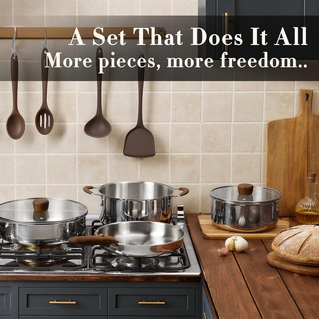 CAROTE 19pcs Stainless Steel Cookware Set with Detachable Handle, Pots and Pans Set, Induction Kitchen Cooking Sets, RV/Camping Cookware, Removable Handle, Oven Safe, Woodgrain
