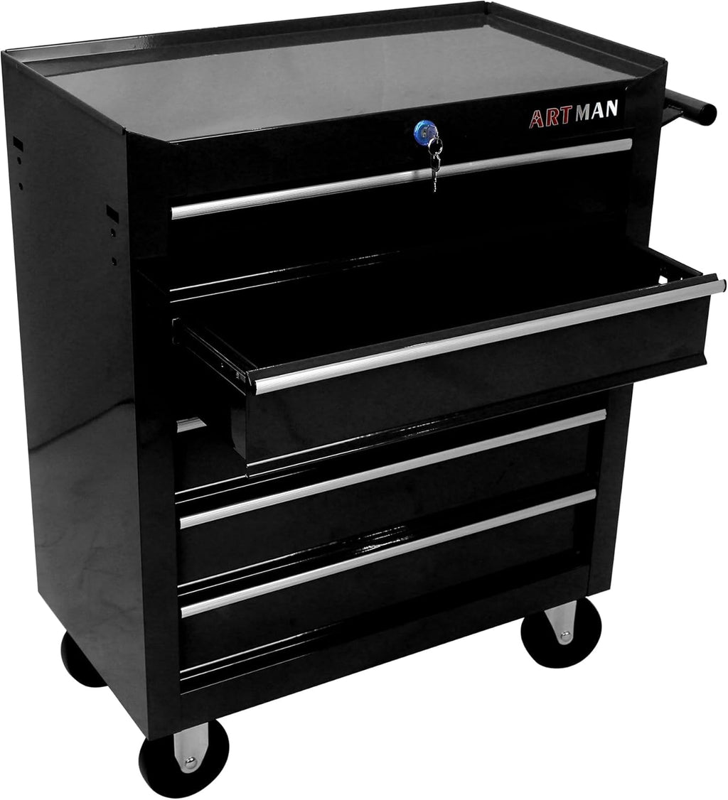 5-Drawer Tool Cart on Wheels, Drawers Rolling Tool Chest with Key Lock, Mobile Trolley Organizer Tools Box with Locking Wheels & Ball Bearing Drawers for Garage,Repair Shop,Warehouse (Black)