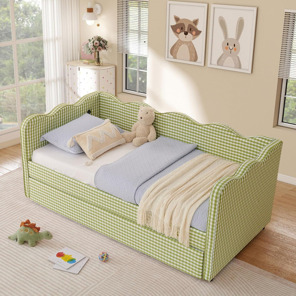Twin Size Daybed with Pop Up Trundle, Linen Gingham Twin to King Daybed with USB Ports, Upholstered Day Bed Frame, Modern Sofa Bed for Living Room/Bedroom/Guest Room, No Box Spring Needed, Green