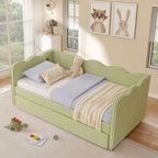 Twin Size Daybed with Pop Up Trundle, Linen Gingham Twin to King Daybed with USB Ports, Upholstered Day Bed Frame, Modern Sofa Bed for Living Room/Bedroom/Guest Room, No Box Spring Needed, Green