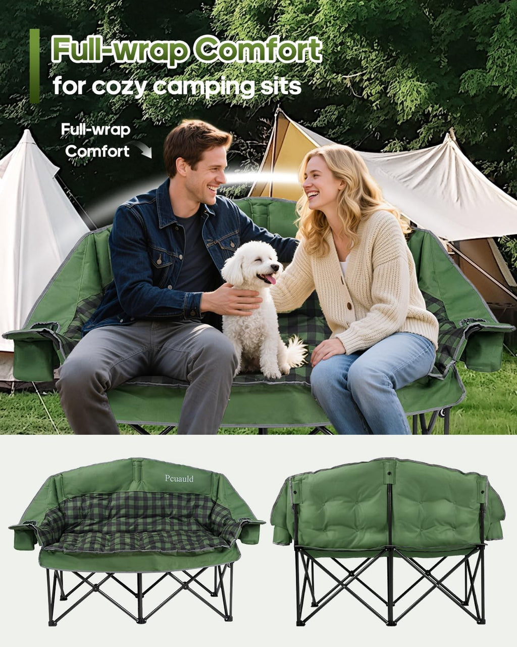 Double Camping Chair Padded Loveseat for Adults, Oversized 2 Person Camp Couch with 2 in 1 Carry Bag, Heavy Duty Folding Outdoor Sofa with Cup Holders for Lawn Beach Tailgating, Green