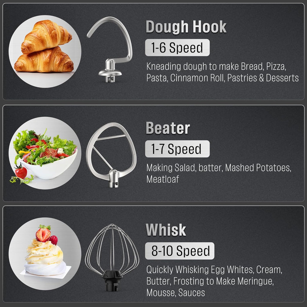 Stand Mixer Body with Stainless Steel Cladding Pro-Grade Powerful Kitchen Mixer for Baking Bread Dough Cake 10+p Speed Tilt-Head Electric Food Mixer With 6.5QT Bowl Dough Hook Wire Whisk Flat Beater