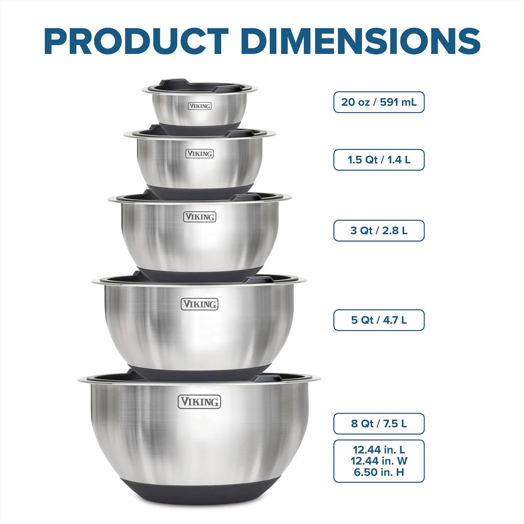 Viking Mixing Bowls Set, 10 Piece Stainless Steel Kitchen Cookware, Non-Slip Silicone Base, Includes Tight Fit Lids, Dishwasher Safe, Black