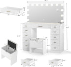 VOWNER Vanity with Lighted Mirror - Glass Top Makeup Vanity Desk w/Bluetooth Speaker, 14 Lights and 11 Drawers, 3 Color Lighting Modes Adjustable Brightness, Makeup Desk with Outlet for Bedroom, White