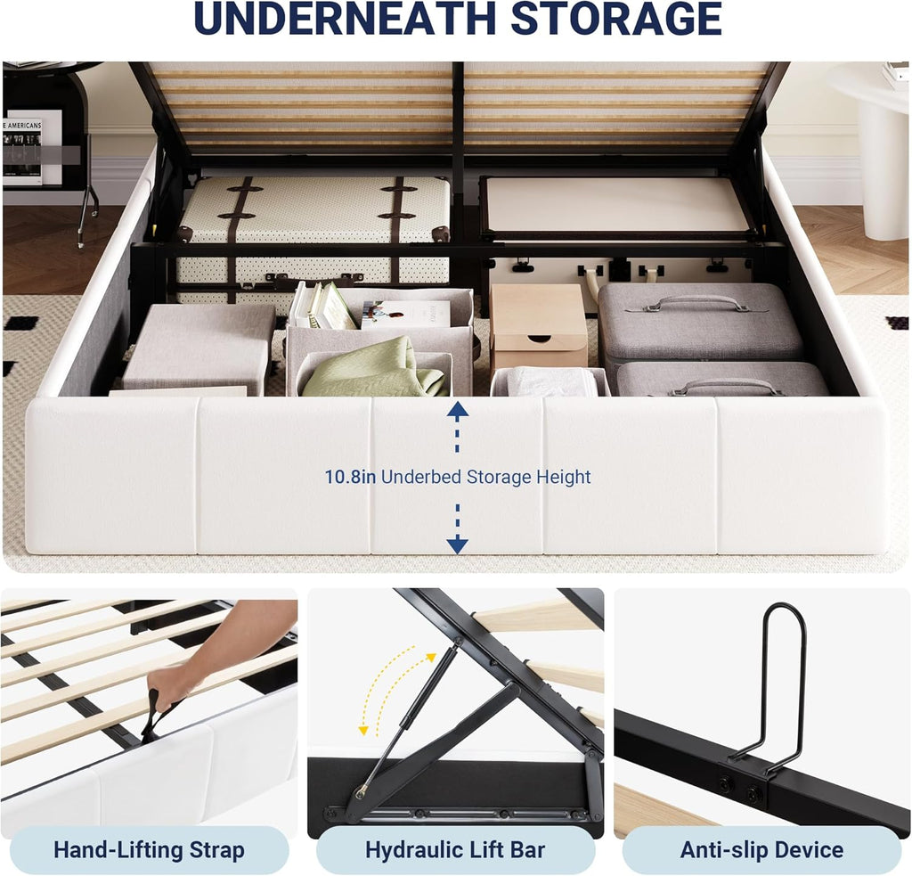 Allewie Queen Size Velvet Lift Up Storage Bed Frame, Vertical Channel Tufted Headboard, Hydrualic Underneath Storage, Upholstered Platform Bed, Wooden Slats Support, No Box Spring Needed, White