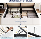 Allewie Queen Size Velvet Lift Up Storage Bed Frame, Vertical Channel Tufted Headboard, Hydrualic Underneath Storage, Upholstered Platform Bed, Wooden Slats Support, No Box Spring Needed, White