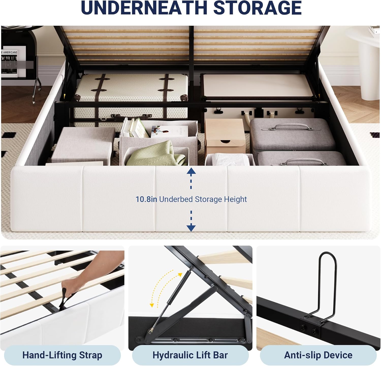 Allewie Queen Size Velvet Lift Up Storage Bed Frame, Vertical Channel Tufted Headboard, Hydrualic Underneath Storage, Upholstered Platform Bed, Wooden Slats Support, No Box Spring Needed, White