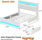 Queen Bed Frame with Bookcase Headboard,LED Bed Frame with 4 Storage Drawers,Power Outlet, Modern Velvet Upholstered Platform Bed with 5 Shelf, No Box Spring Needed, Creamy White