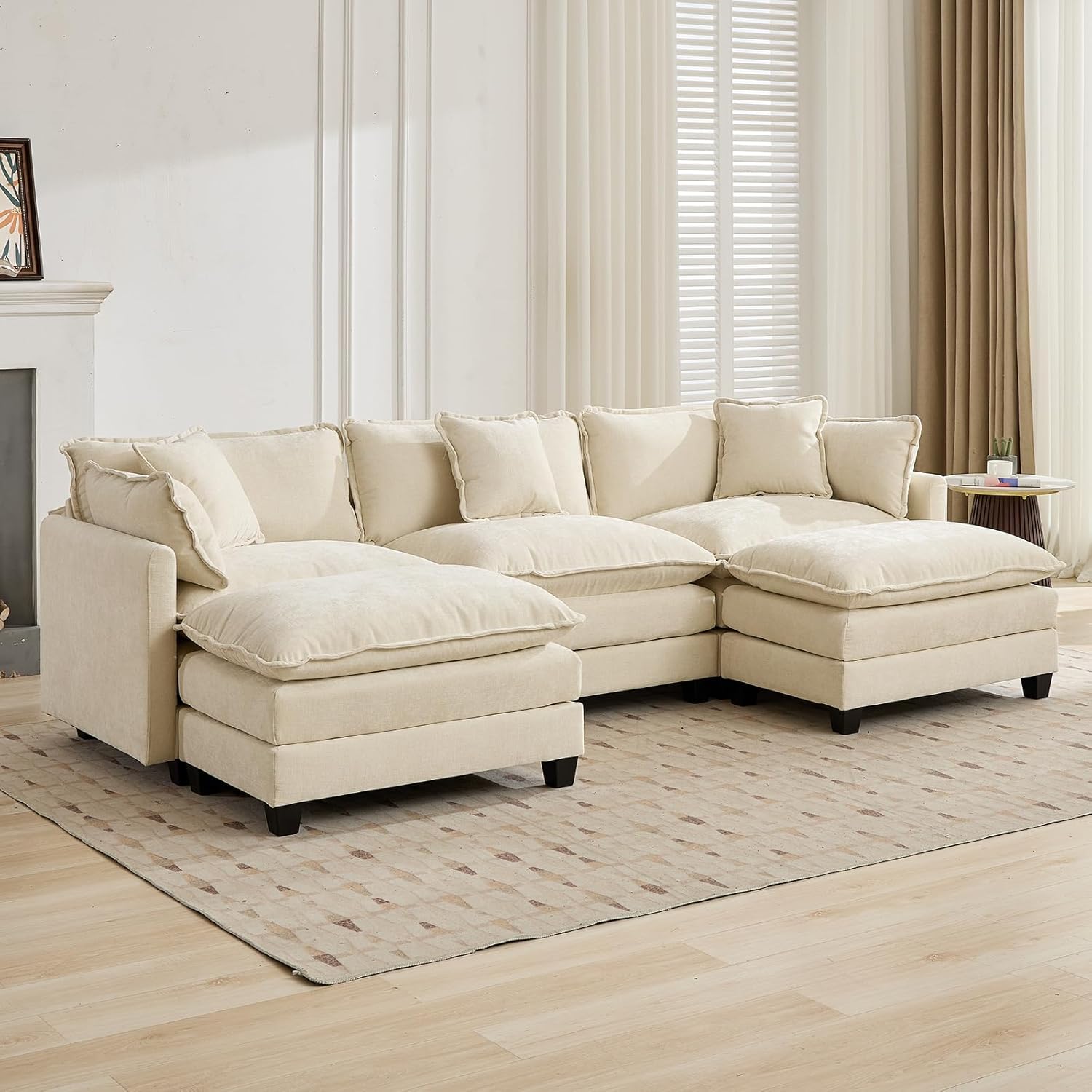 111.5" Beige Modular Sectional Sofa, 3 Seater Large Sectional Couches for Living Room, Ivory Off-White Chenille Fabric Oversized Cloud Couch with Ottoman, Modern Sofas Set, Sofas para Sala, U Shaped