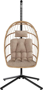 SWITTE Egg Chair Outdoor with Stand, Indoor Wicker Hanging Egg Swing Chair with Cushion, 350lbs Capacity for Patio, Bedroom, Garden - Cream