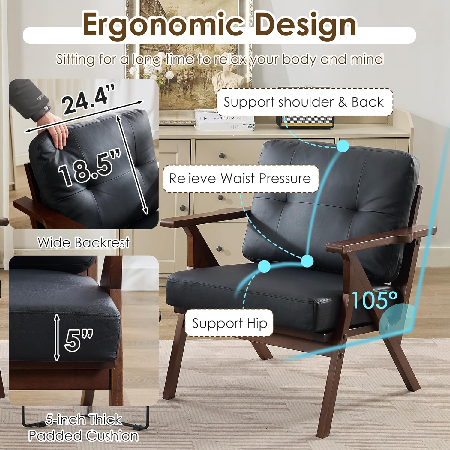 STHOUYN Black Leather Office Accent Chair Set of 2 with Wooden Arms, Comfy Guest Waiting Room Chairs, Mid Century Modern Chair, Side Arm Chairs for Living Room (Black, 2pcs)