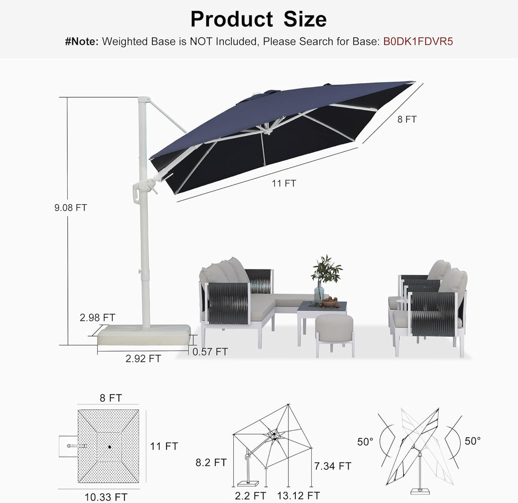 PURPLE LEAF 8' X 11.5' Right-left Tilt Patio Umbrella Swivel White Cantilever Umbrella with Tilt Aluminum Outdoor Umbrella with 360° Rotation for Deck Pool Garden, Navy Blue
