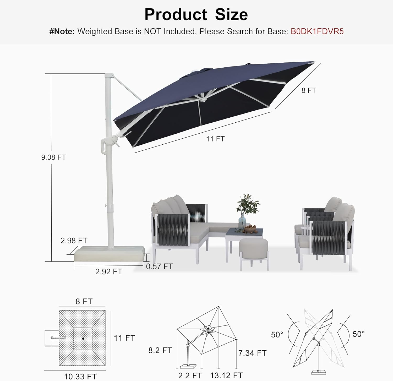 PURPLE LEAF 8' X 11.5' Right-left Tilt Patio Umbrella Swivel White Cantilever Umbrella with Tilt Aluminum Outdoor Umbrella with 360° Rotation for Deck Pool Garden, Navy Blue