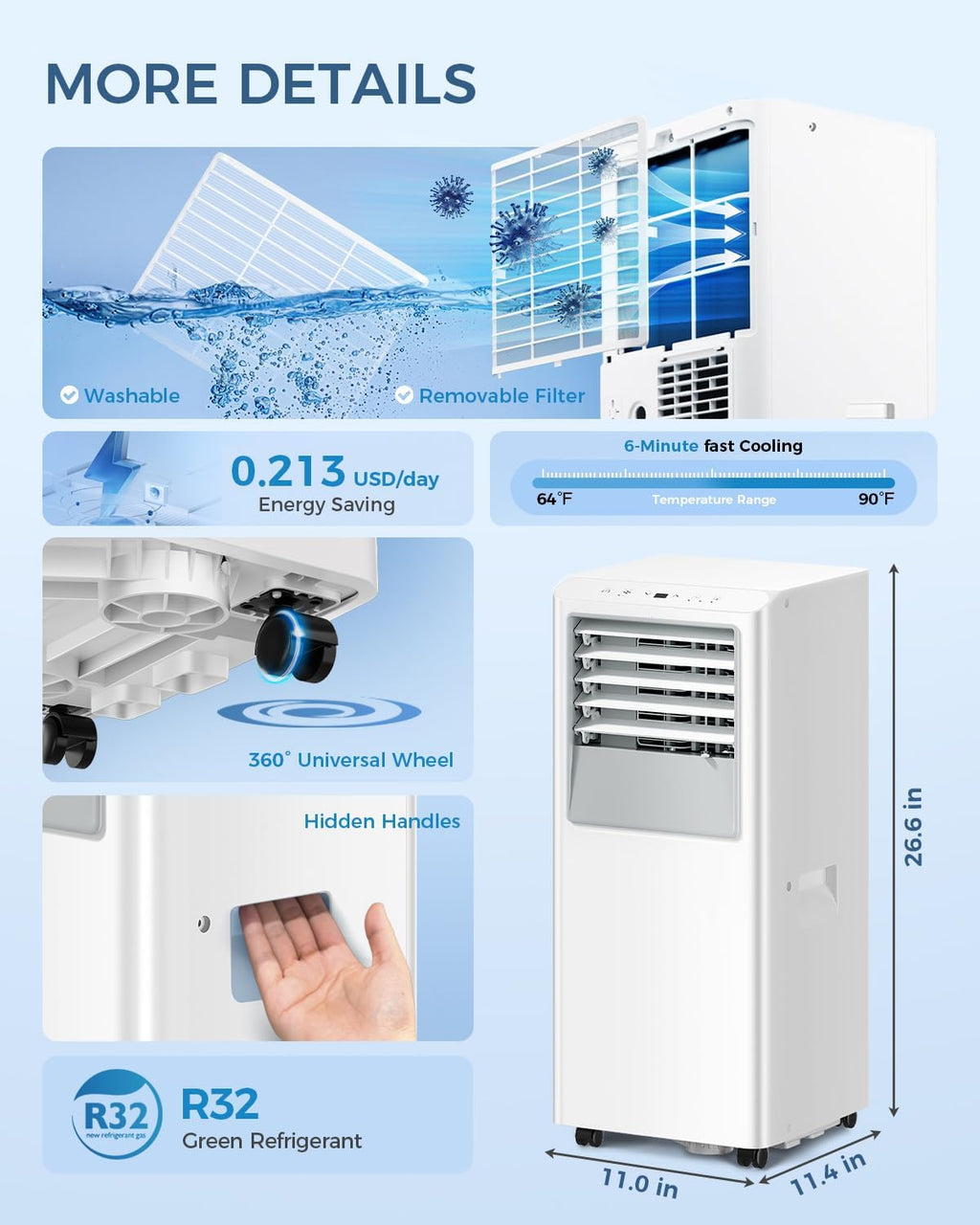 Energlow 8000 BTU Portable Air Conditioner, 5-in-1 Cools 350 Sq.Ft, Quiet AC Unit with Fan & Dehumidifier, LED Display, Remote, 24H Timer, Window Kit, for Bedroom/Office/Dorms/Apartment