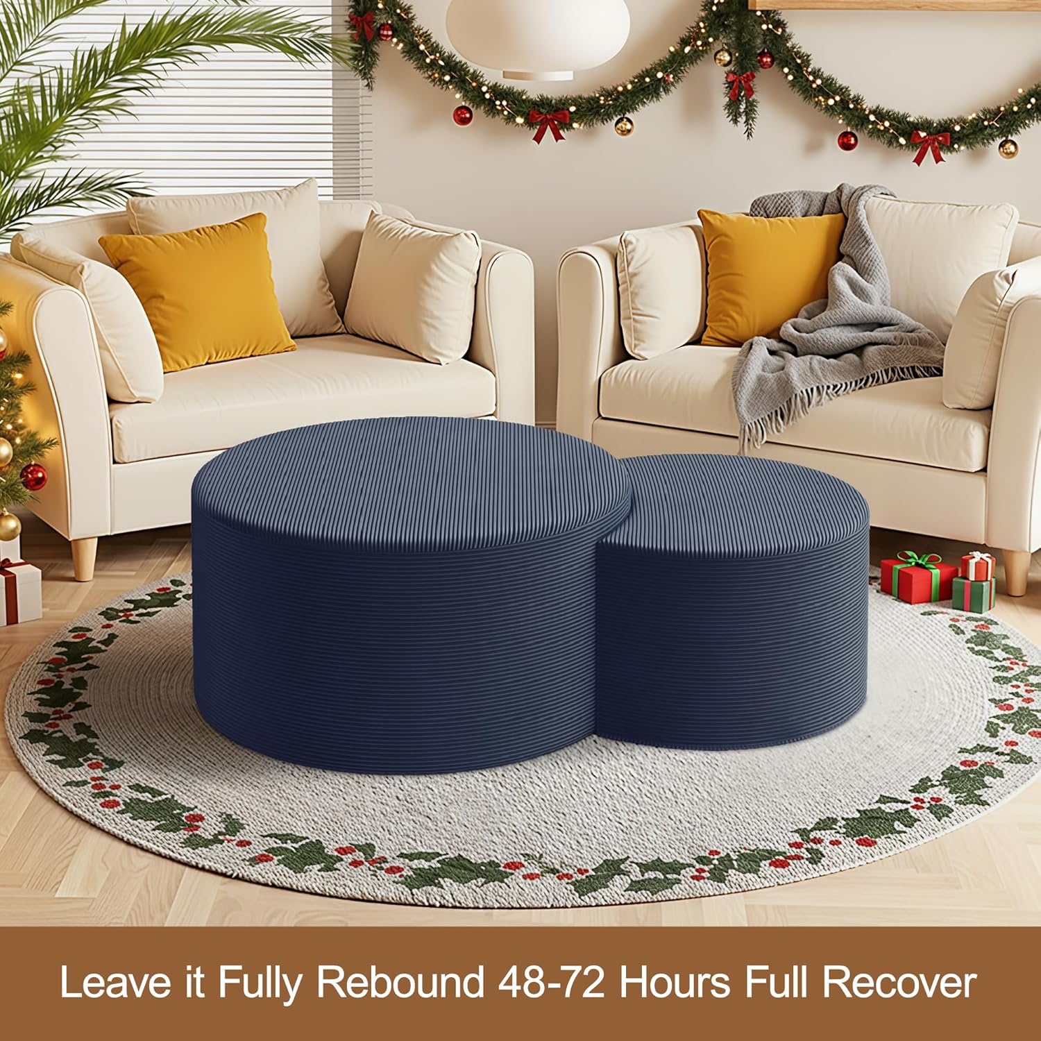 BSHOMGI Nesting Coffee Table Set of 2, Upholstered Round Corduroy Circle Foam Round Side Table for Living Room, Entryway Set, 32"+17" Footrest No Assembly (Blue, 32"+17")