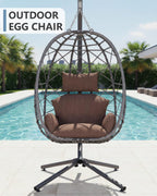 SWITTE Hanging Egg Chair with Stand, Outdoor Indoor Rattan Wicker Egg Swing Chair with Cushion, Heavy Duty Patio Hammock Chairs for Garden Backyard Balcony Bedroom, 400LBS Capacity, Brown