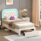 Twin Upholstered LED Bed Frame with Large Storage Drawer & Charging Station, Velvet Platform Bed with Stylish Rectangular Rounded Corner Headboard, Wooden Slats Support, No Box Spring Needed, Beige