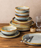 TheTerra Ceramic Dinnerware Sets for 4, 12 Pieces Handmade Reactive Glaze Plates and Bowls Sets, Scratch Resistant Dish Set, Oven & Microwave & Dishwasher Safe, Brown Blue