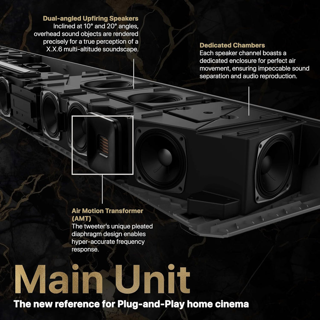 Nakamichi Dragon 11.4.6-Ch Surround System w Dolby Atmos/DTS:X Pro (Pro Cinema Engine)  HiFi AMTs  Dual-Opposing 8" Subs  Bipolar Surr  6 Discrete Height Ch  3000 Watts Max Output. AVR-Grade Soundbar