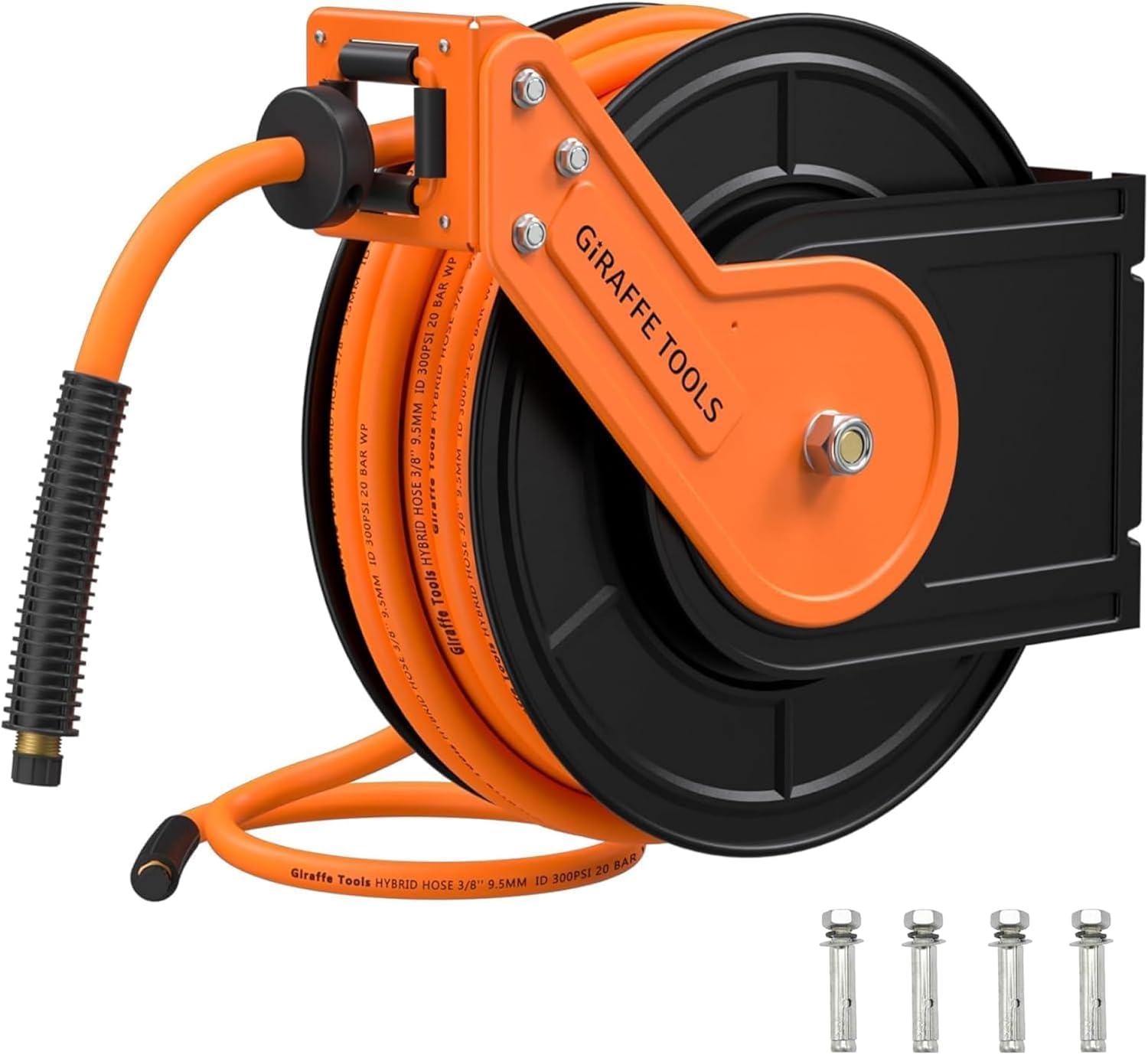 Giraffe Tools Retractable Air Hose Reel, 3/8" Hybrid Hose, Air Compressor Heavy Duty Steel Reel Auto Rewind 300PSI, Wall Mount, 50ft