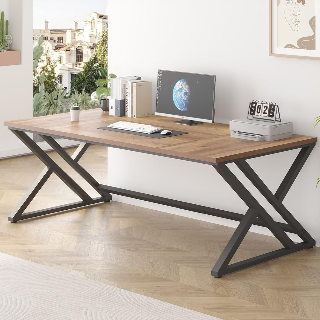 LVB Rustic Large Computer Desk, Extra Long Industrial Home Office Desk, Wood Pc Writing Work Study Computer Table Desk, Farmhouse Workstation Gaming Executive Desk for 2 Person, Rustic Oak, 78.7 Inch