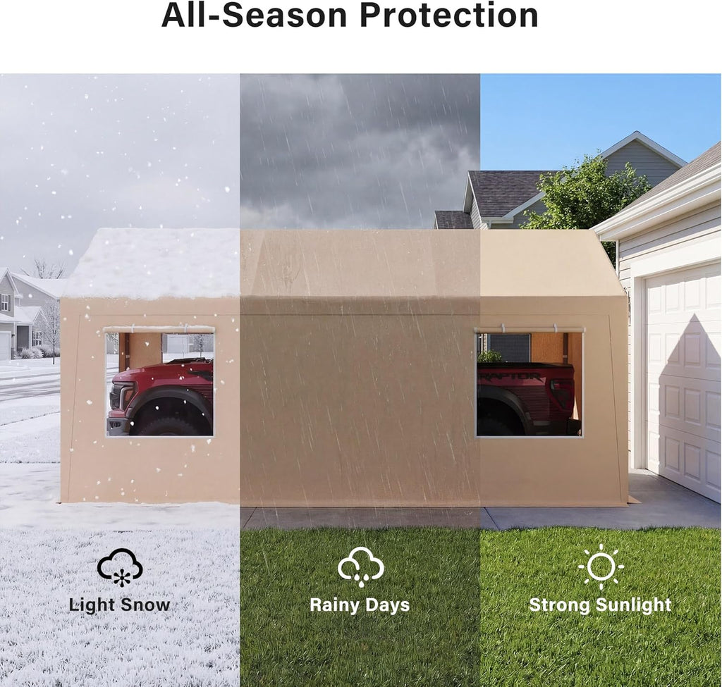 LAUSAINT HOME 10x20FT Carport, Heavy Duty Car Canopy with Roll-up Windows, Garage Storage Tent Shelter with Removable Sidewalls & Doors, for Boat, Car, Truck, Khaki