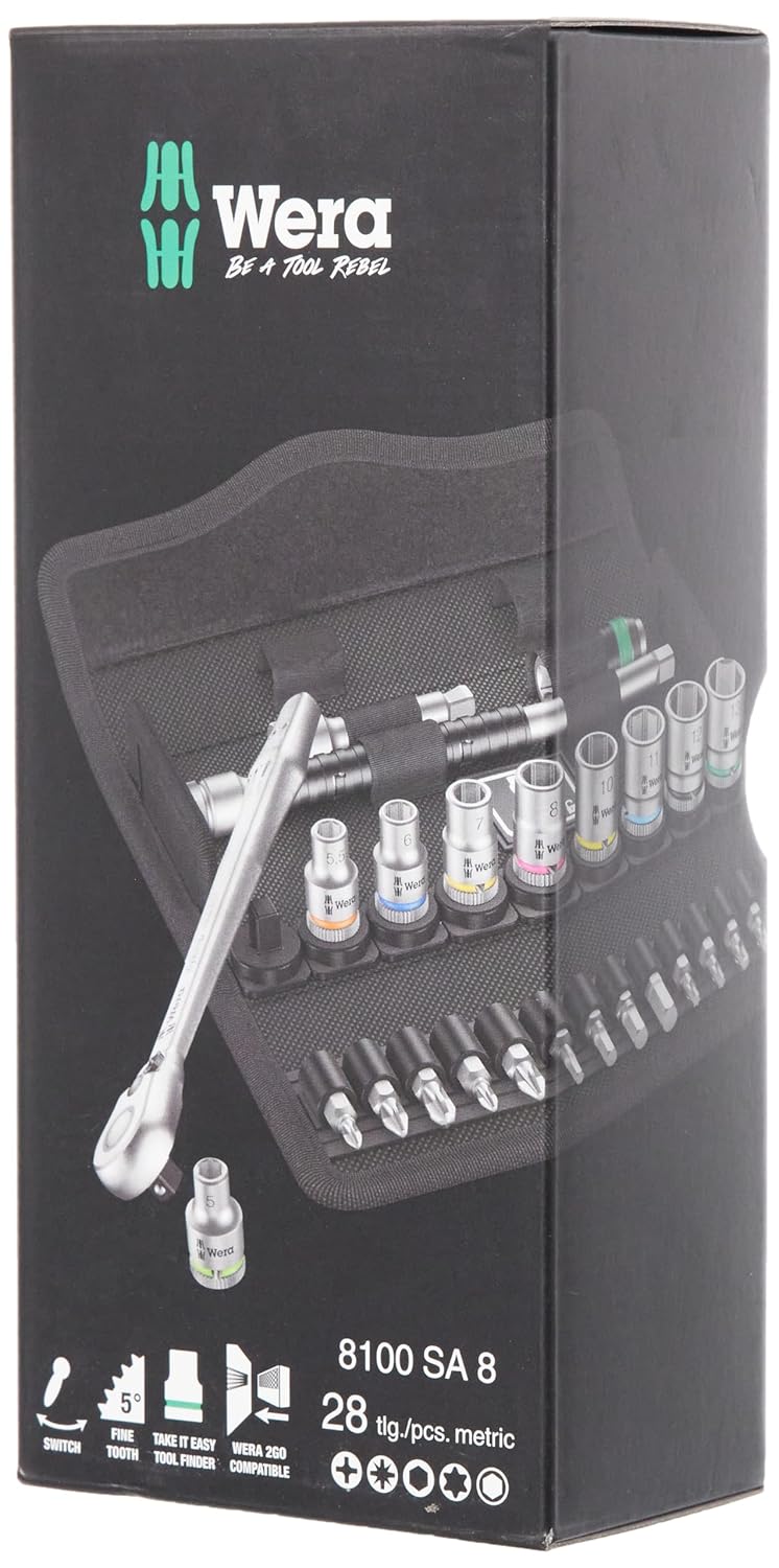 WERA 05004018001 8100 SA 8 Zyklop Metric Metal Ratchet Set with Switch Lever, 28 Piece, 1/4" Drive