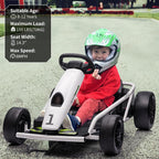 24V Go Kart for Kids 8-12, 300W*2 Motors, 9Ah Battery, 8MPH Speed, Music, Horn, 175lbs Max Load – White