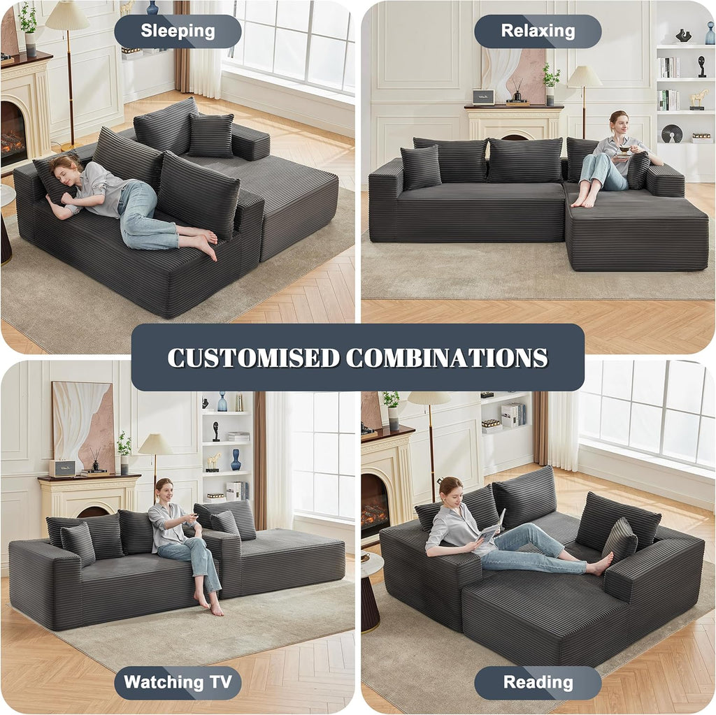 110” Cloud Sectional Couch, Boneless Sofa for Living Room, Modular Sectional Sofa with Deep Seat, Fluffy Couch with L-Shaped Chaise, No Assembly Required (Right-Facing Chaise, Dark Grey)