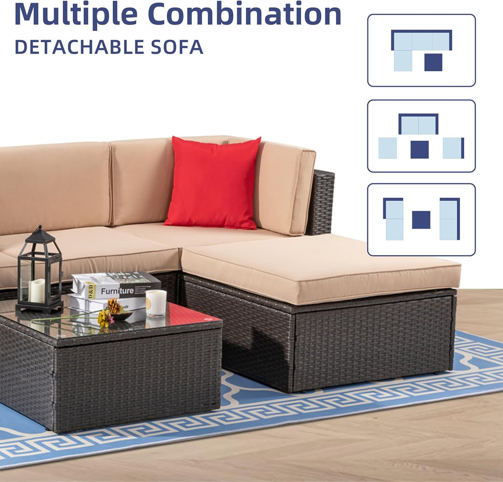 Vongrasig 5 Piece Patio Furniture Sets  Outdoor Patio Set Sectional Sofa  All-Weather PE Rattan Outdoor Couch with Ottoman  Glass Table for Garden  Backyard  Porch  Beige