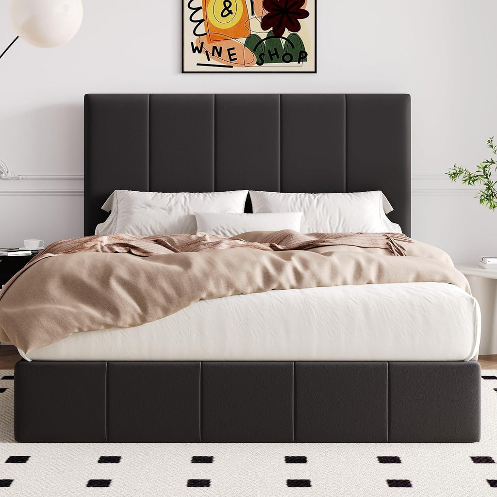 Allewie Queen Size Velvet Lift Up Storage Bed Frame, Vertical Channel Tufted Headboard, Hydrualic Underneath Storage, Upholstered Platform Bed, Wooden Slats Support, No Box Spring Needed, Black