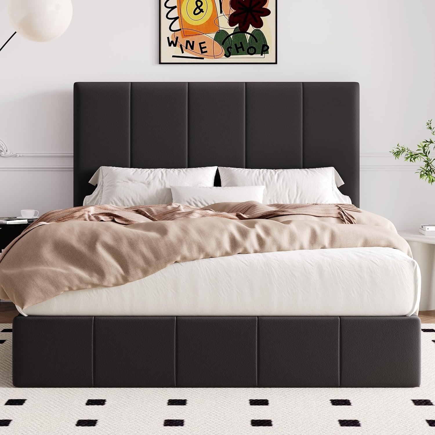 Allewie Queen Size Velvet Lift Up Storage Bed Frame, Vertical Channel Tufted Headboard, Hydrualic Underneath Storage, Upholstered Platform Bed, Wooden Slats Support, No Box Spring Needed, Black